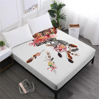 

Bohemia Style Bed Sheets Dream Catcher Feather Print Fitted Sheet Colorful Mattress Cover Elastic Band Soft Bedclothes D35