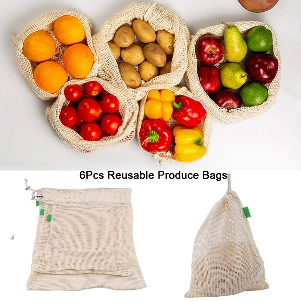 5Pcs Reusable Produce Bags Mesh Fruit/& Vegetable Bag Drawstring Storage Bags Set