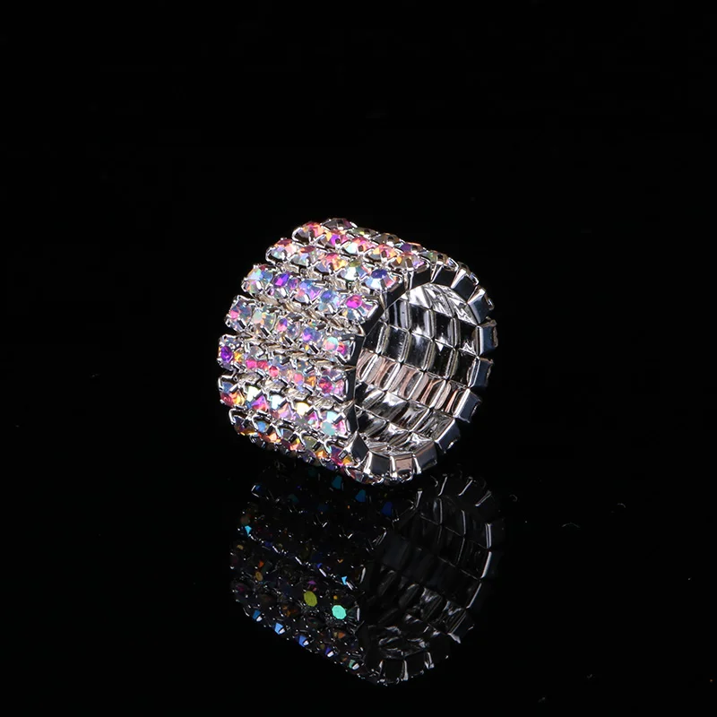 TDQUEEN 1-5 Rows AB Crystal Stone Rings Silver Plated Bridal Wedding Rhinestone Elastic Stretch Rings for Women (1)