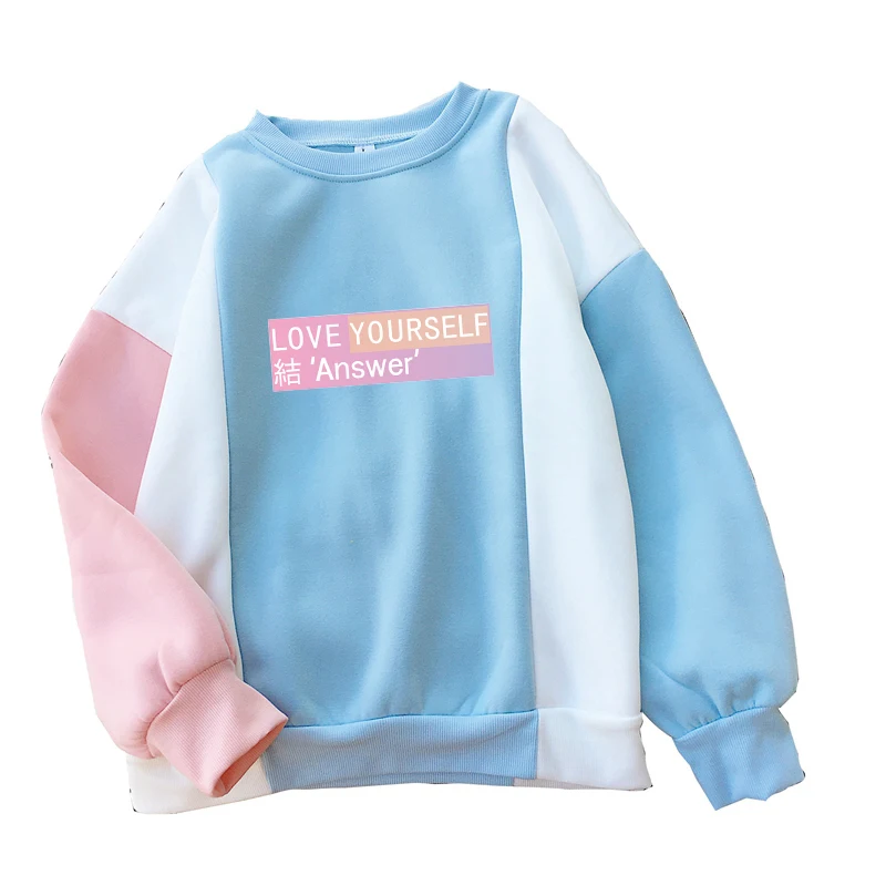 Для женщин Harajuku толстовки осень Bangtan новый альбом Love себя ответ сладкий Цвет блок