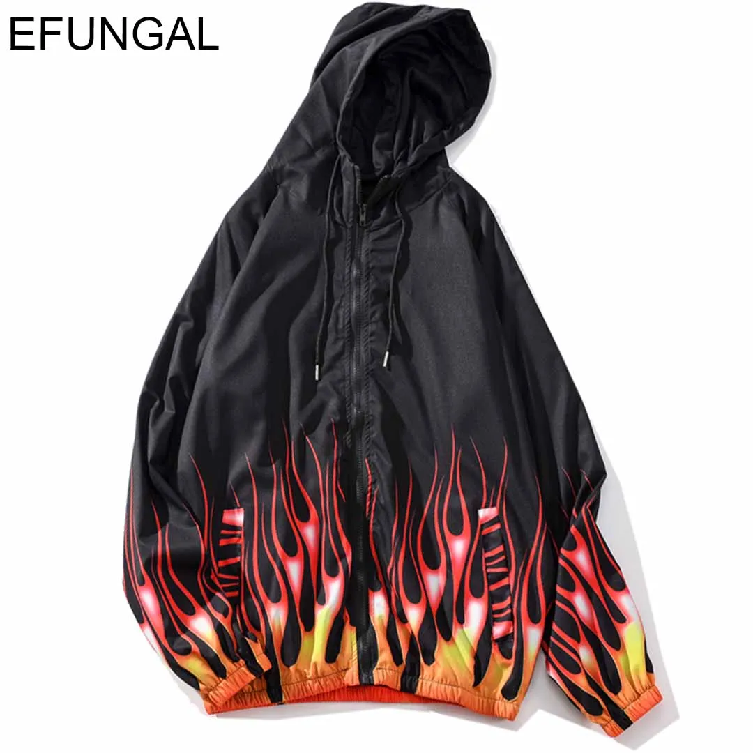 

EFUNGAL Flame Print Casual Windbreaker Jackets Coats Men 2019 Autumn Winter Hip Hop Jacket Zipper Outwear Harajuku Streetwear