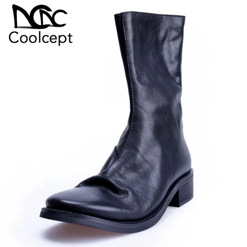 

Coolcept Women Real Genuine Leather Flats Boot Zipper Round Toe Warm Shoes Winter Half Short Boots Women Footwear Size 34-39