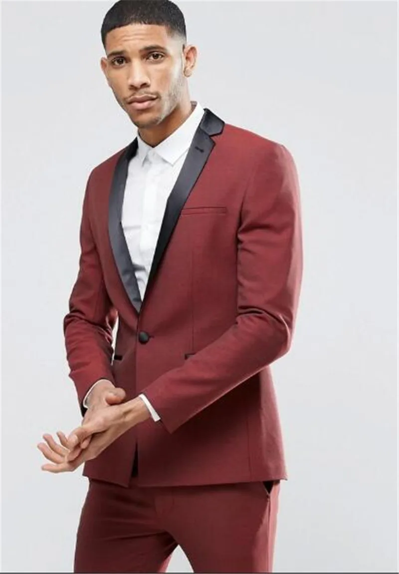 

Mens Suits Slim Fit Two Pieces Red Groomsmen Wedding Tuxedos For Men Notched Lapel Formal Prom Suit (Jacket+Pants) Custom Made
