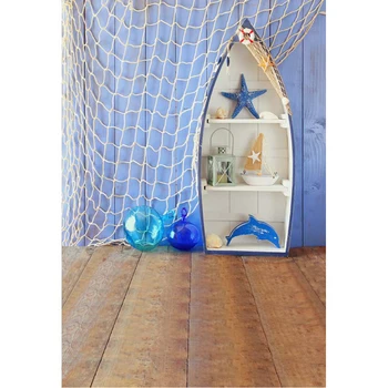 

Boy Kids Photography Backdrop Printed Boat Fishing Net Starfish Balloons Blue Wood Wall Baby Shower Photo Background Wood Floor