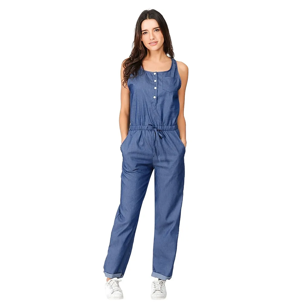 

Summer Womens Jumpsuit Holiday Jeans Demin Elastic Waist Strappy Long Beach Jumpsuit Overalls Romper Women Sleeveless