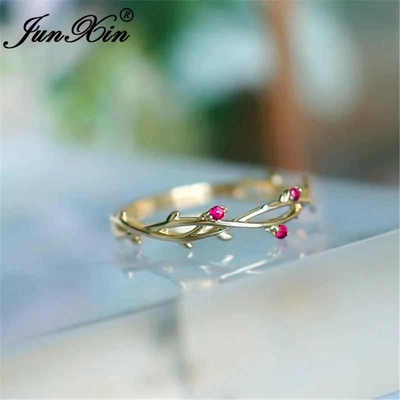 JUNXIN Dainty Rose Red Zircon Eternity Rings For Women 925 Silver Yellow Gold Small Crystal Stackable Wedding Thin Ring Female