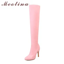 Meotina/высокие сапоги до бедра; женские зимние высокие сапоги; ботфорты на тонком каблуке; пикантные зимние женские высокие сапоги; цвет черный, фиолетовый; 43