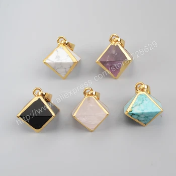 

BOROSA 10pcs Gold Color Pyramid Point Multi-Kind Stones Faceted Pendant Bead G1004
