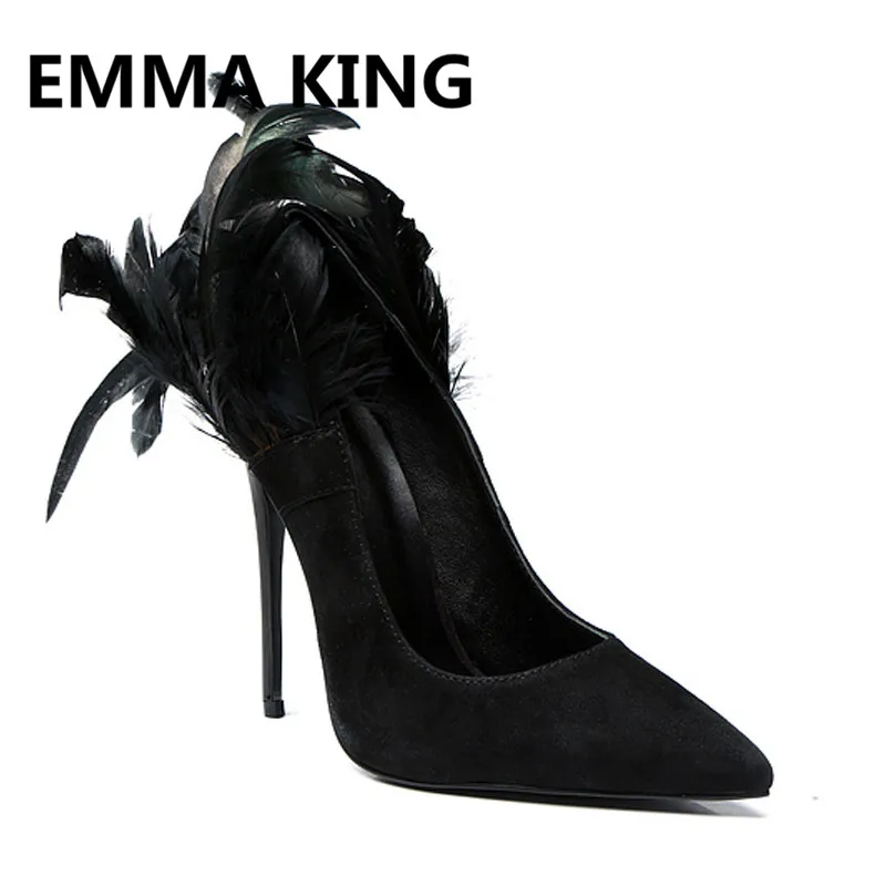 

2019 Runway Feather Women Pumps Pointed Toe Shallow Slip On Sexy Stiletto Ladies Wedding Dress Shoes Woman Black Thin High Heels