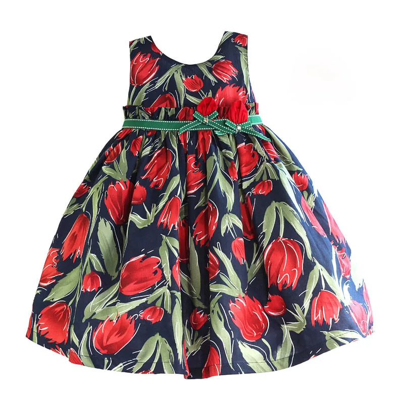 3-7 Years Tulip Floral Girls Dress Ruffle Belt Navy Girls Clothes 100% Cotton Casual kids dresses for girl vestido infantil