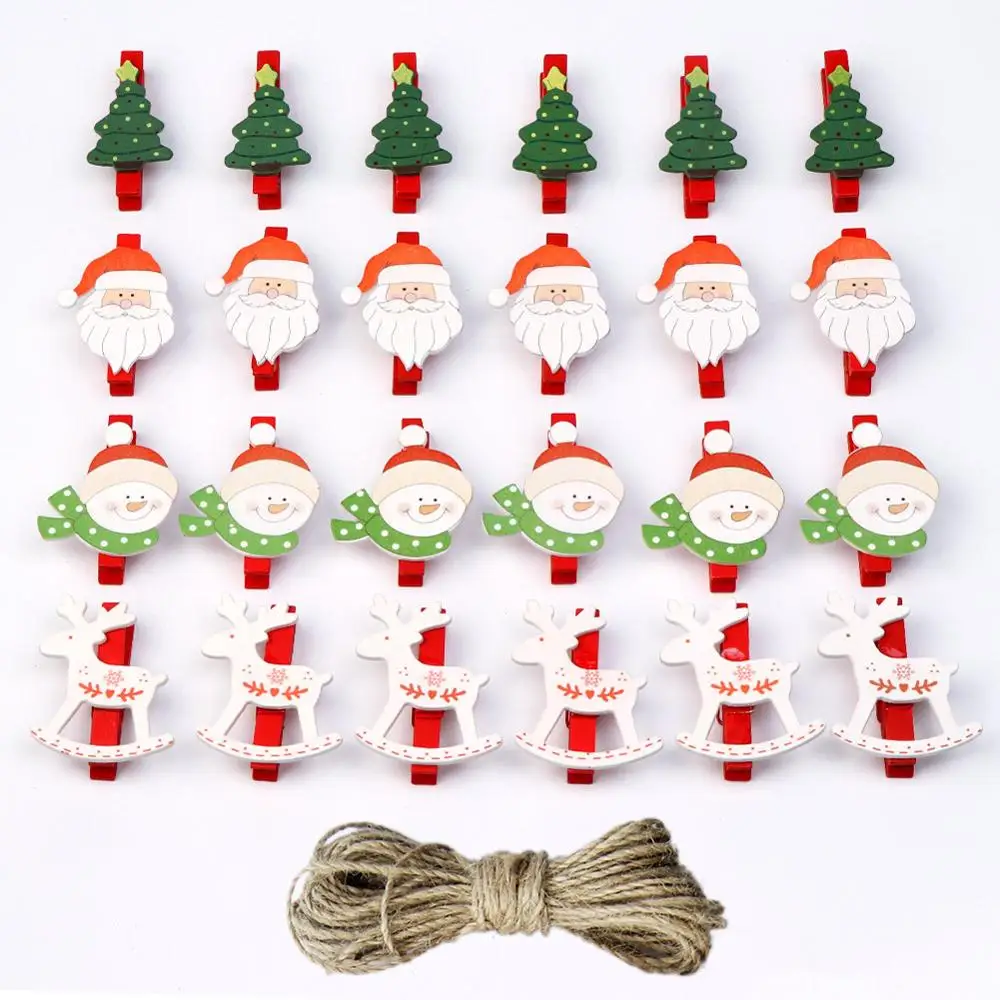 24Pcs Mix Clips OurWarm 24 шт. рождественские деревянные зажимы Санта Клаус DIY ремесло фото зажимы декоративные прищепки рождественские украшения для дома - Цвет: 24Pcs Mix Clips