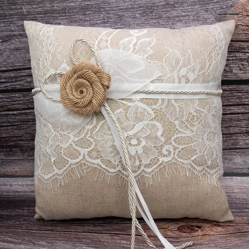 Romantic Lace Satin Wedding Ring Pillow with Silk flower bow ribbon