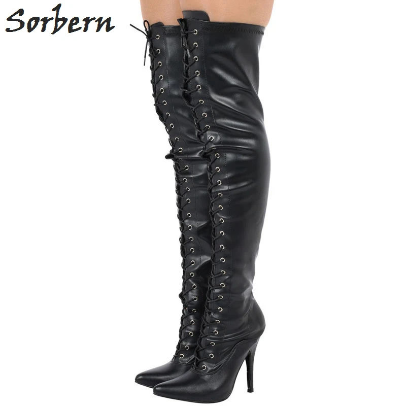 Sorbern Sexy Black 12CM High Heel Boots Pointed Toe Woman Shoes Fashion Stiletto Lace Up Plus Size Over The Knee Boots