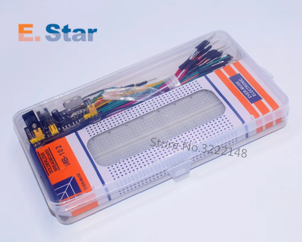 

with box 3.3V/5V MB102 Breadboard power module+ MB-102 830 points Prototype Bread board kit +65 jumper wires