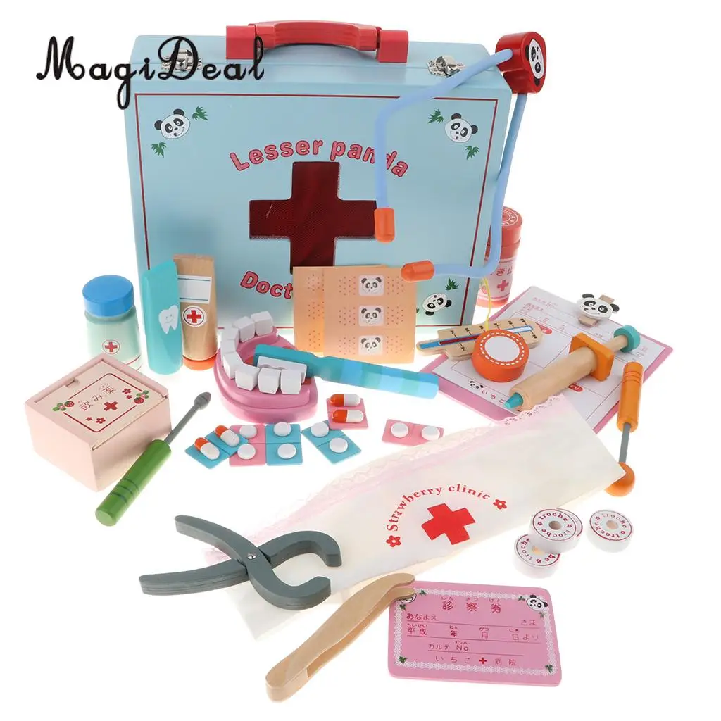 30PCS Wooden Medical Kits Box Tools Tablets Carry Case Doctor Nurse Pretend Role Playing Set Kids Educational Toy