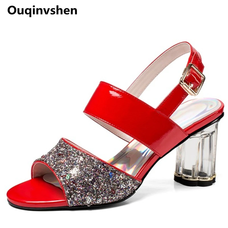 Ouqinvshen Bling Red Summer Sandals Plus Size Peep Toe Buckle Strap Mixed Colors Rubber High Heels Strange Style Ladies Pumps Ouqinvshen Bling Red Summer Sandals Plus Size Peep Toe Buckle Strap Mixed Colors Rubber High Heels Strange Style Ladies Pumps