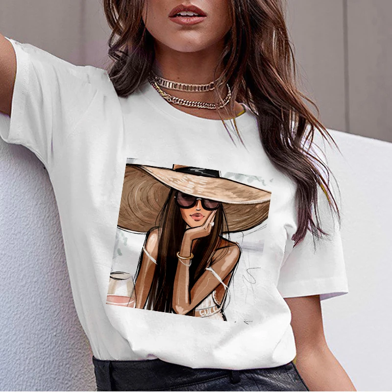 

Big Hat Sunglass Lady T Shirts Kawaii Summer Funny T Shirt Women Vintage Tops Harajuku T-shirt Korean Clothing Dropshipping