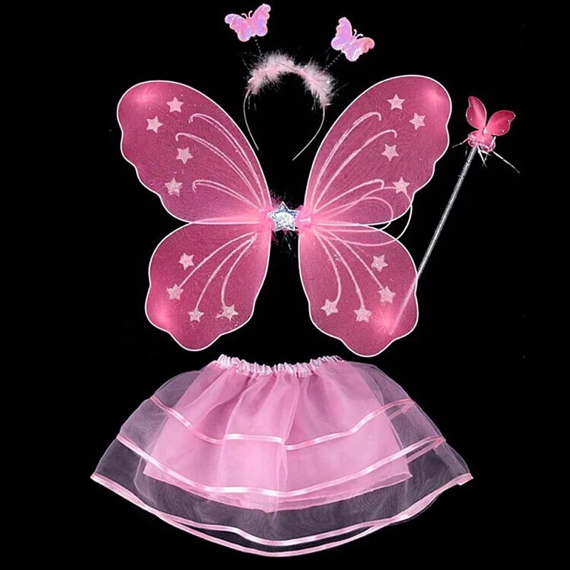 

4Pcs Kids girls Fairy Princess Costume Sets colorful stage wear Butterfly Wings Wand Headband Tutu Skirts H1