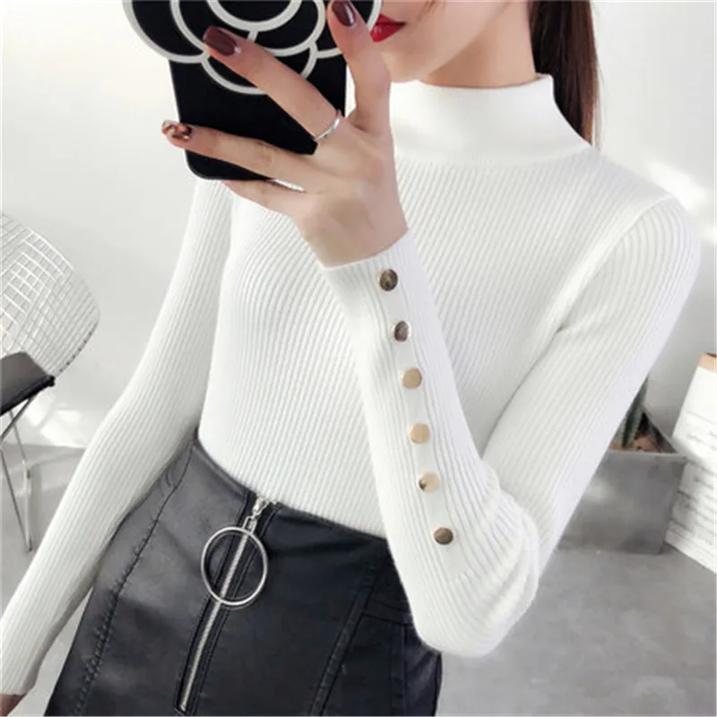 

Basic Solid Thick Sweater Elastic Turtleneck Pullover Autumn Winter Women Tops Buttons Design Female Sweater pull femme PZ047