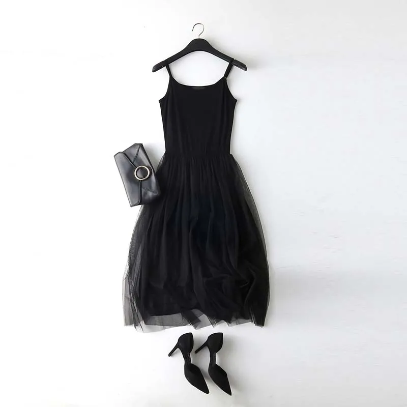 LERFEY, сексуальное Сетчатое платье с тонкими бретельками в стиле пэчворк, весна-лето, женское газовое кружевное платье на бретелях, повседневные платья, сарафан, вечерние платья - Цвет: Strap black