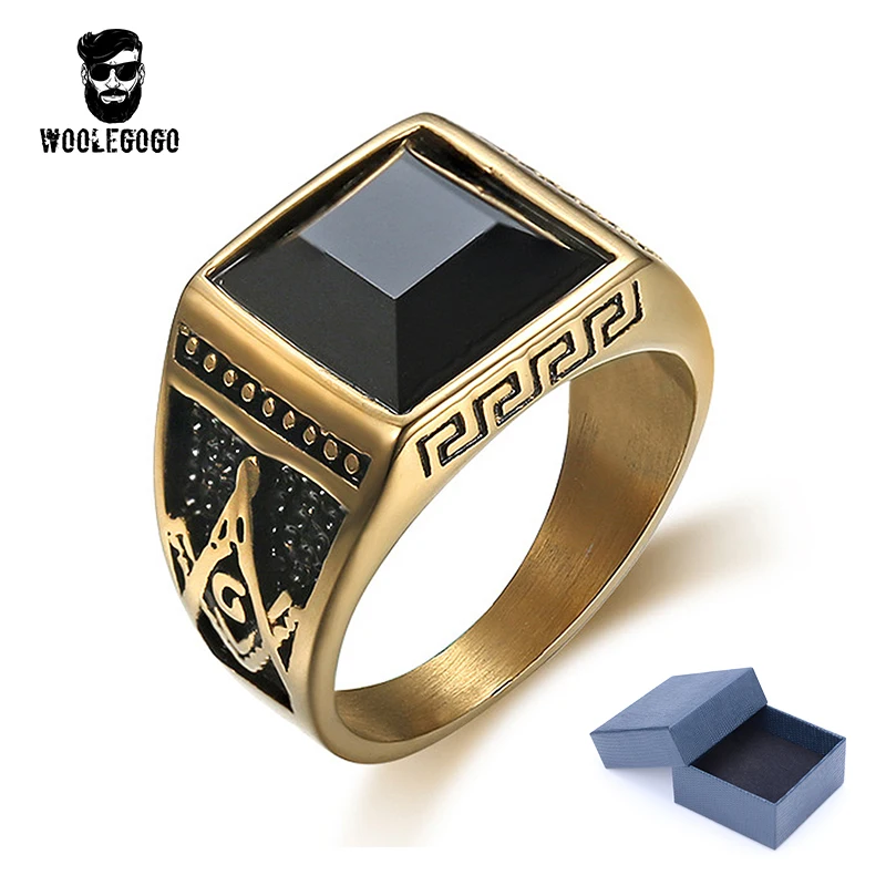 Punk Black Stone Masonic Ring For Men Vintage Square Rhinestone CZ Ring