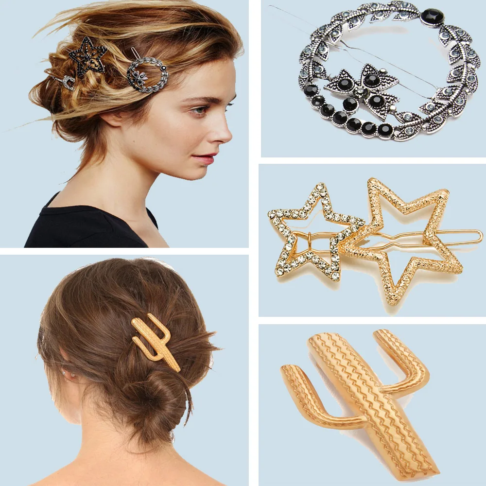 

Fashion Woman Hair Accessories Star Cactus Hair Clip Pin Metal Geometric Alloy Hairband Circle Hairgrip Barrette Girls Holder