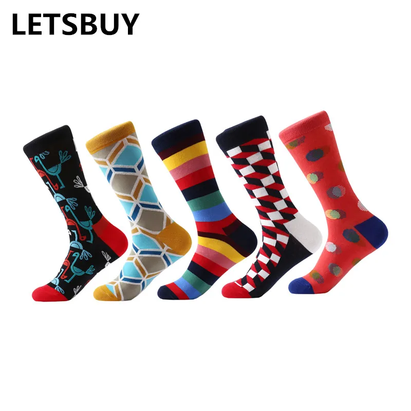 

LETSBUY 5 pair/lot men casual dress cotton socks bright color funny Skateboard Sock business Crew Wedding Socks men's gift socks
