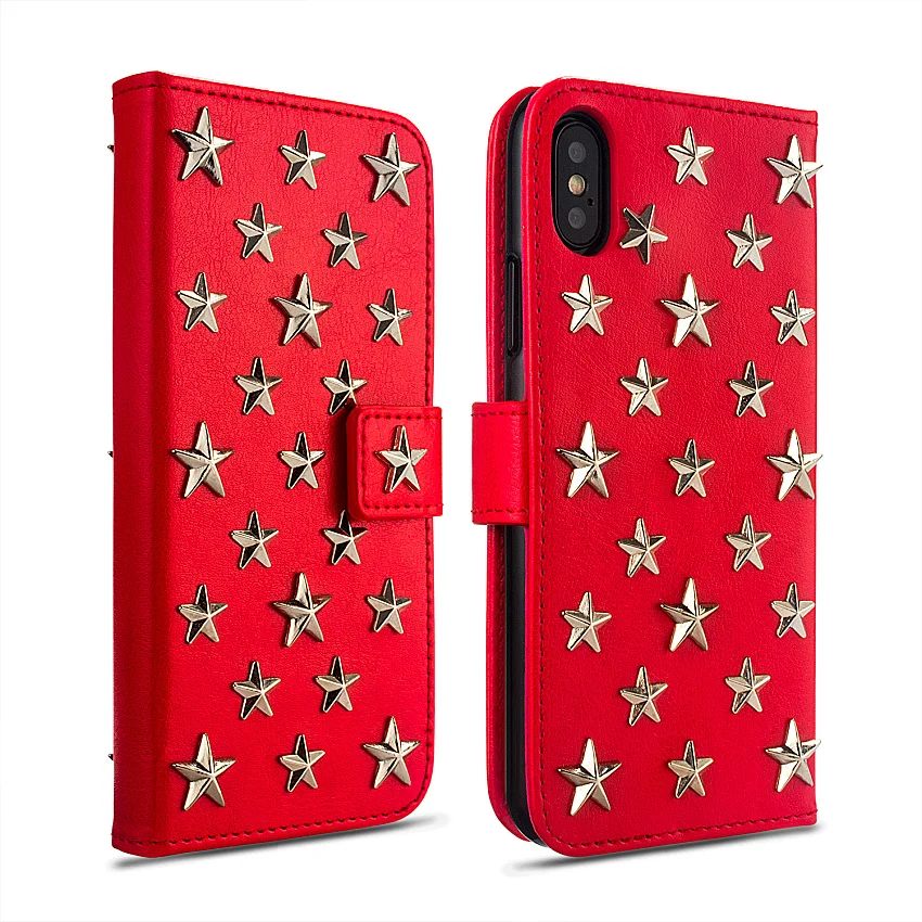 

Luxury Pentagram Case For Retro PU Leather Wallet Phone Cases For iPhone 6 6s 7 8 6 Plus X each star is handmade