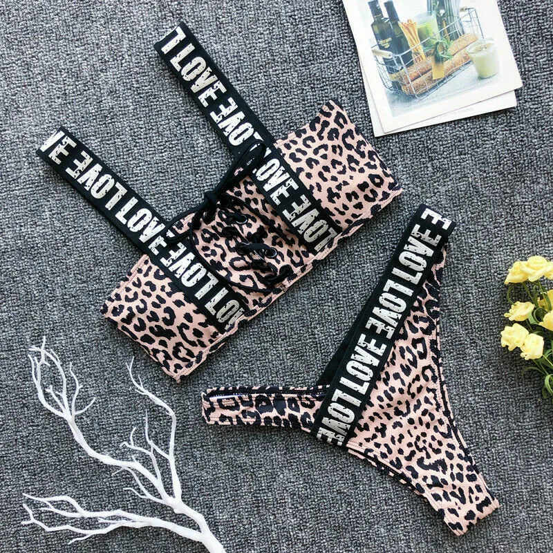 

Sexy leopard female string bikini suit swimsuit Biquini bandage Padded Bra swimsuit push up beachwear