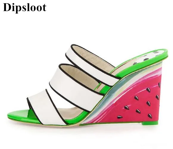Dipsloot New Design Watermelon Wedges High Heels Dress Runway Shoes Woman Peep Toe Summer Slippers Sandals Woman Slip-on Shoes