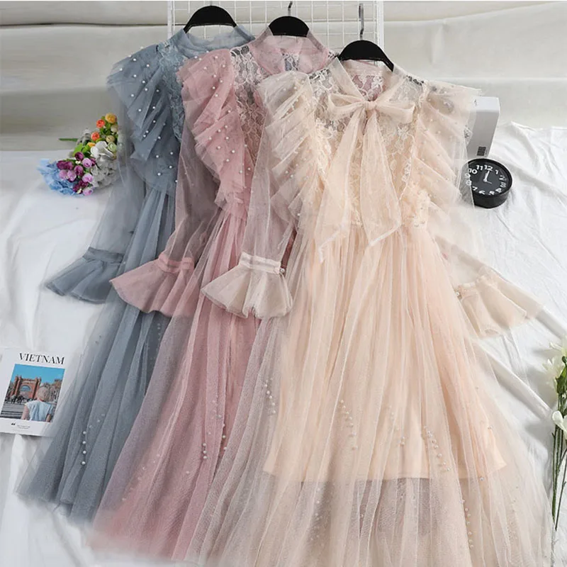 

2019 Spring New Women Lace-up Bow Ruffles Beading Flare Sleeve Lace Stitching Mesh Pleated Dress Female Solid Elegant Dresses