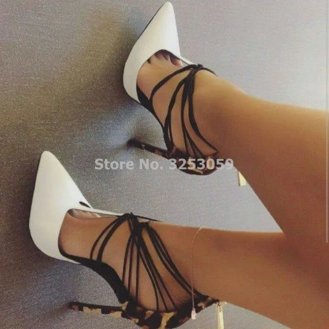 High End Customized White Pointed Toe Dress Pumps Leopard Heel Patchwork Party Shoes Thin High Heel Cross Strappy T-shape Pumps