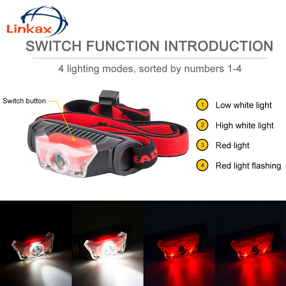 Светодиодный налобный фонарь с 4 режимами, IPX-5, энергосберегающий, для спорта на открытом воздухе, кемпинга, рыбалки, фонарики с питанием от батареи АА