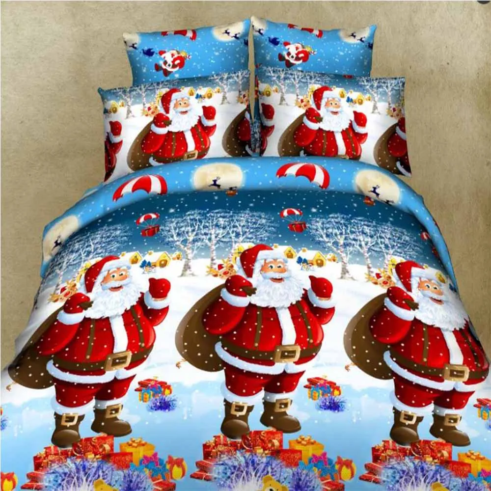 

Santa Claus Bedding Set For Home Cartoon Reactive Printing Bed Sheet For Christmas Comfortable Polyester Soft Bed Linen Set