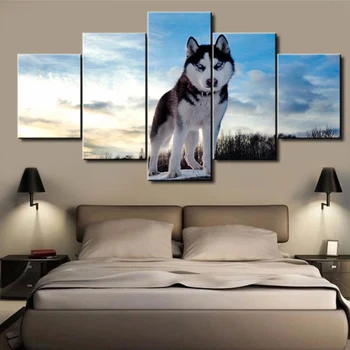 

HD Print Painting Modular Pictures Decoration Living Room 5 Panel Cute Husky Dog Framework Wall Art Poster Modern Home Canvas