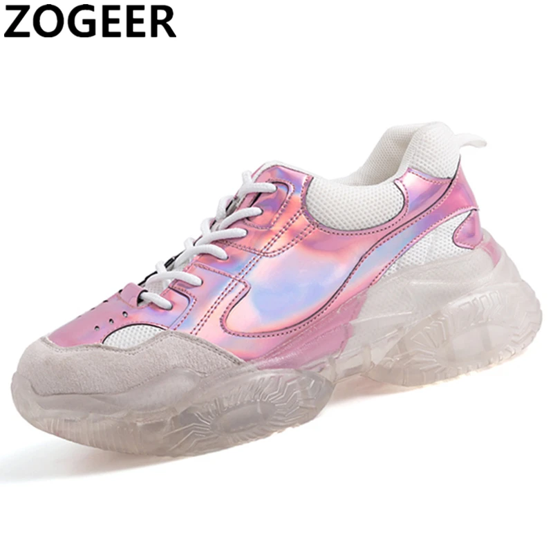 

Genuine Leather Women's Chunky Sneakers 2019 Spring Platform Pink Shoes Woman Fashion Sexy Woman Trainers Ladies Footwear Shoes