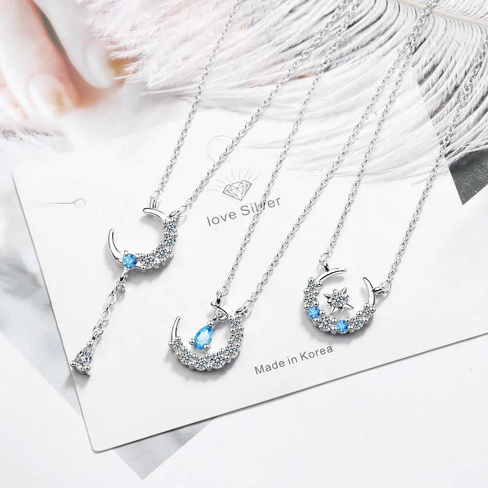 

Blue Star Moon Tassel Water Drop 925 Sterling Silver Chains For Woman Simple Design Pendant Fashion Necklaces 2019 Jewelery