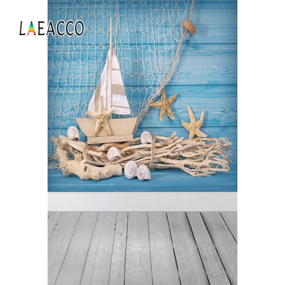 

Laeacco Summer Seaside Planks Sailboat Shell Visor Scene Photographic Backdrop Baby Photography Background Wall For Photo Studio