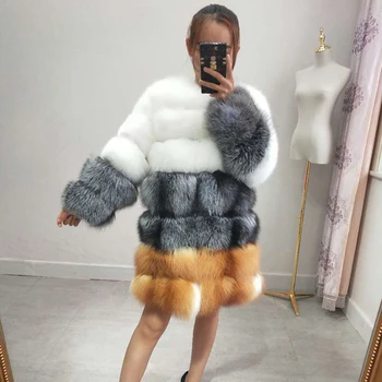 

Women real fox fur coat ladies long winter white silver red fox fur jacket long-sleeved outerwear female