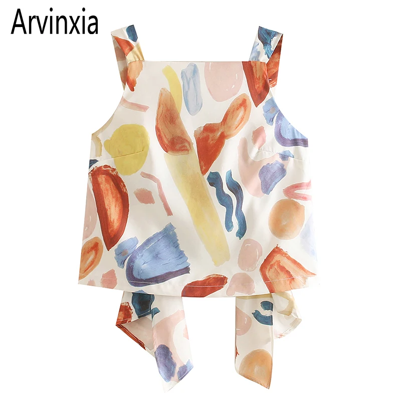 

Arvinxia ZA Sexy Color Pattern Printed Bow Woman Camis New Sleeveless Femme Outwear Tops Chic High Waist Streetwear Ladies Camis