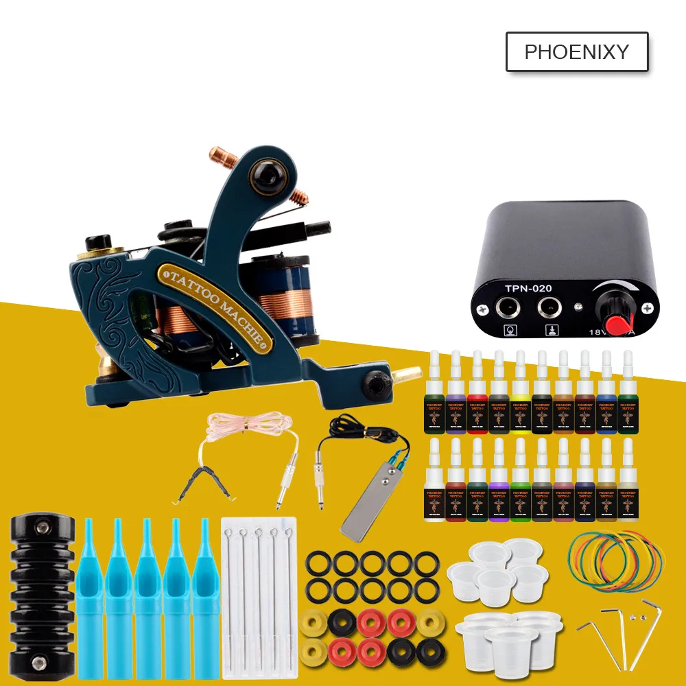 

Completed Tattoo Machine Set 2 Coils Machine Guns 20 Colors Black Pigment Power Grips Tattoo Art Permanent Makeup Kit Set