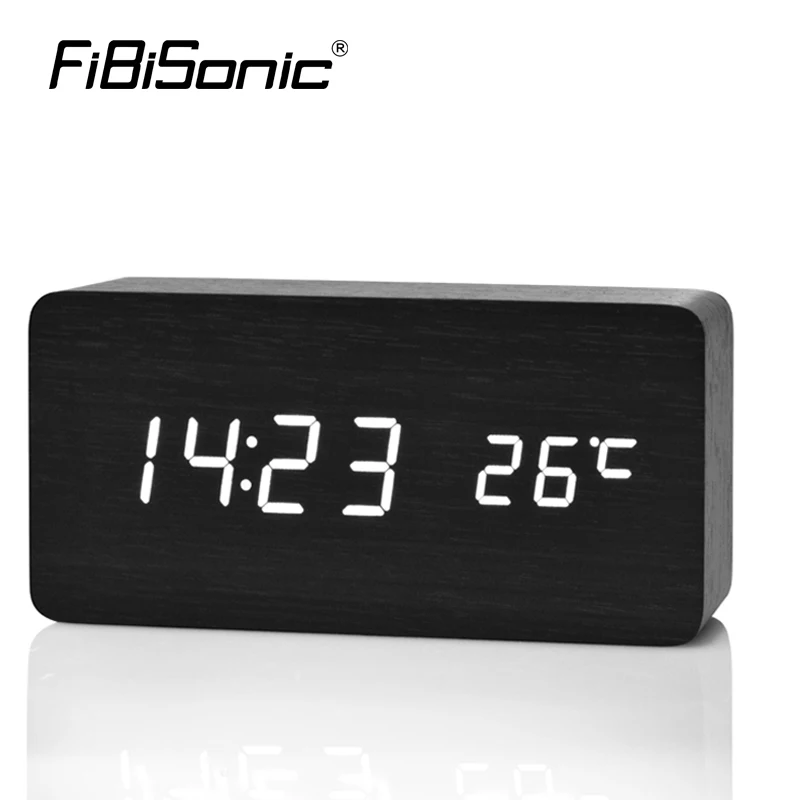 FiBiSonic Wooden LED Alarm Clock Display Date+Time+Celsius/Fahrenheit Temperature Sound Control Function A Table Desktop Clocks