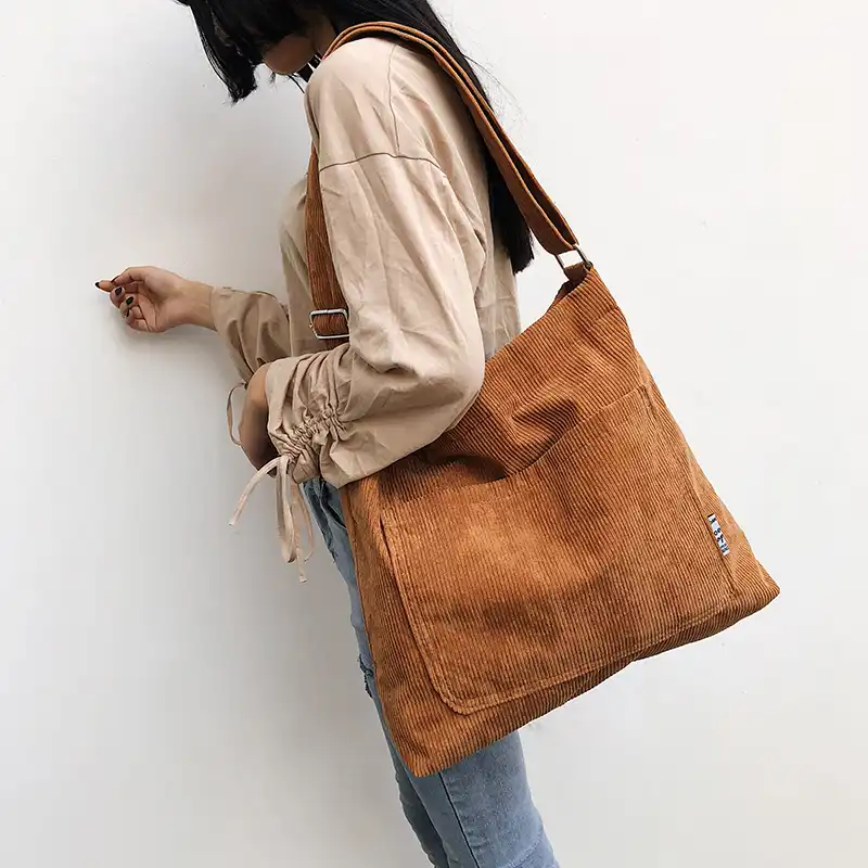 Women Corduroy Shoulder Bags Female Large Capacity Canvas Crossbody Messenger Bag Exterior Pocket Casual Tote Handbag For S