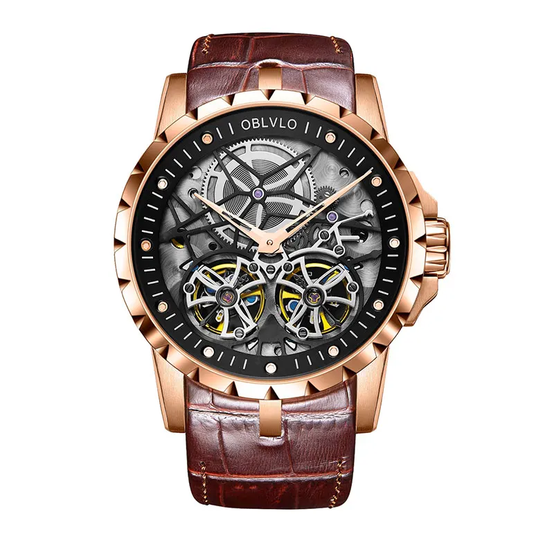 Дизайнер OBLVLO военные мужские часы стальной Автоматический Скелет водонепроницаемые двойной турбийон часы Montre Homme OBL3606 - Цвет: OBL3606RSSW