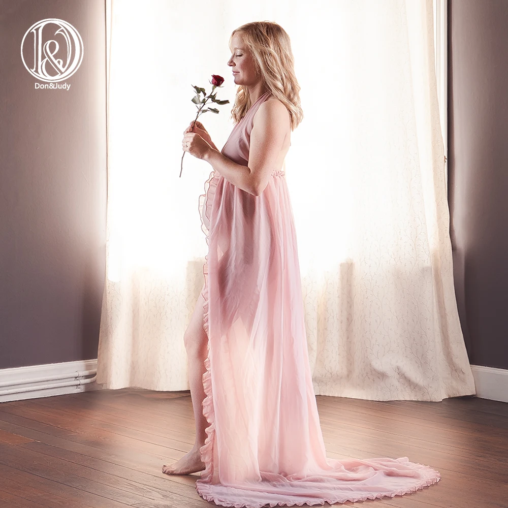 

Don&Judy Pink Long Chiffon Maternity Photography Dress Sexy V-Neck Maternity Dresses For Photo Shoot Slit Open Pregnancy Dress