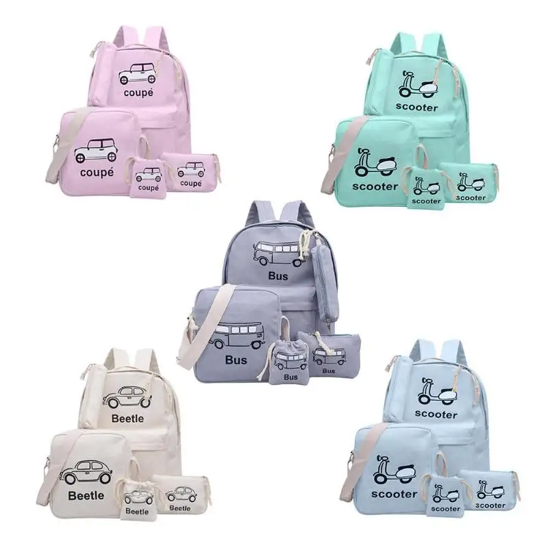 

5pcs/Set Unisex Car Print Canvas Backpacks Shoulder Purse Clutch Schoolbags