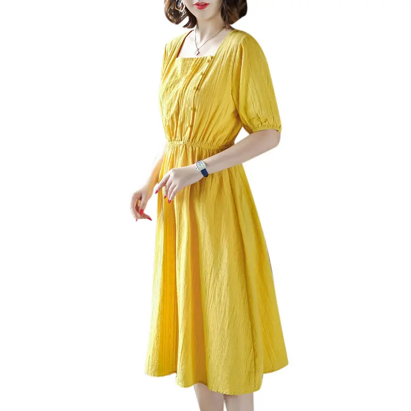

Elegant Button Women Dress Pocket Polka Dots Yellow Midi Dress 2019 Summer New Casual Female Plus Size Lady Beach Vestidos HJ293