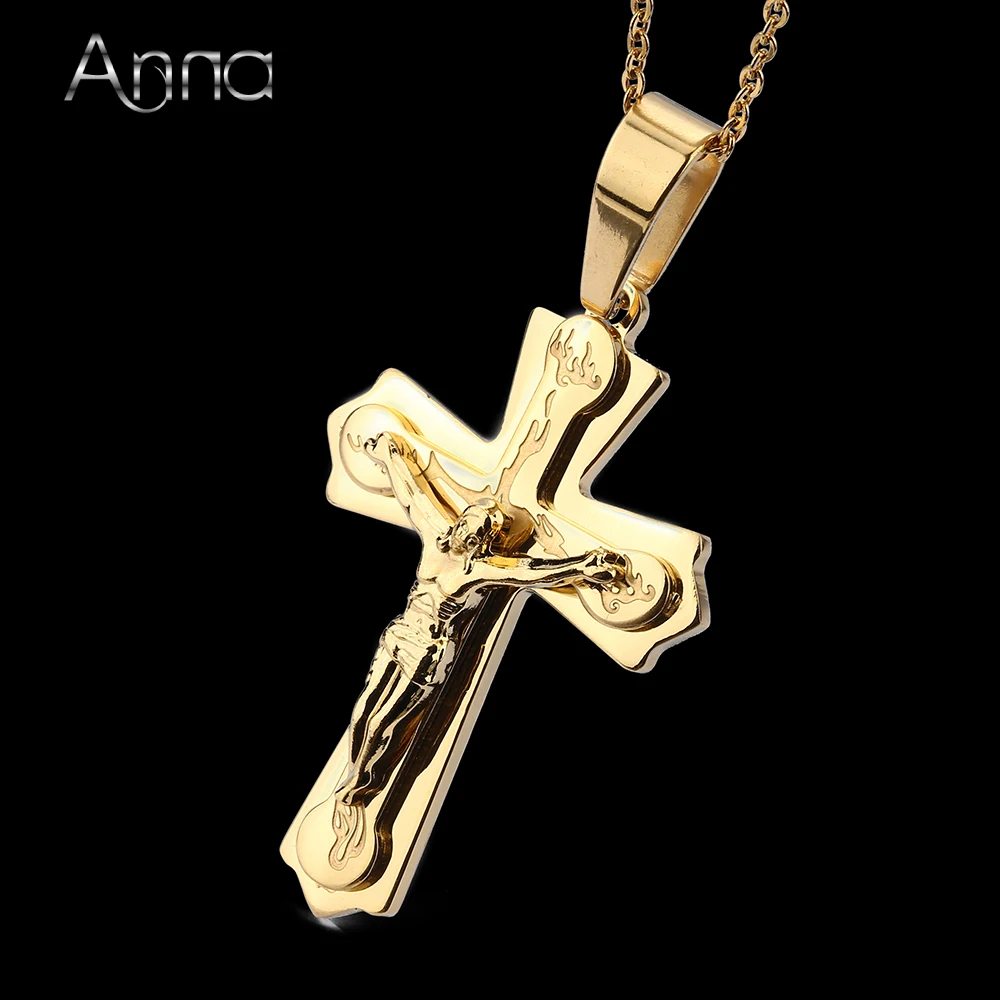 Image A N Womens Mens Cross Pendant Necklace With Chain Gold Plated Stainless Steel Antique Cross Crucifix Jesus Pendant Necklace