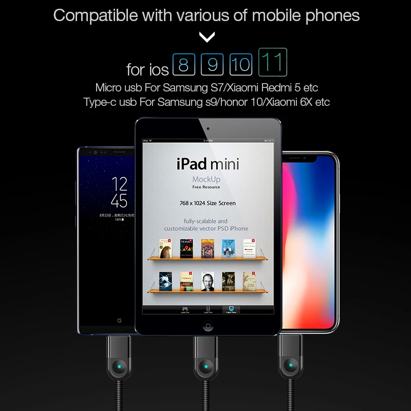 USB кабель Cafele с несколькими светодиодами для iPhone Micro C 3 в 1 Плетеный зарядный X/8 plus/7