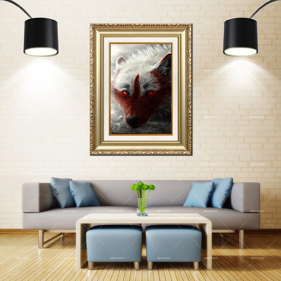 

Artcozy Golden Frame Abstract kurt duvar kagitlari Animal Wolf Waterproof Canvas Oil Painting